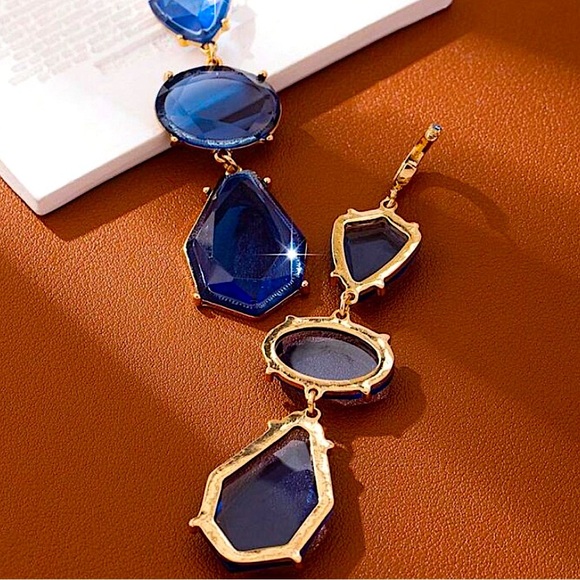 Gold Plated Blue Crystal Dangle Earrings – Exaggerated Geometric Statement Style - Picture 4 of 5